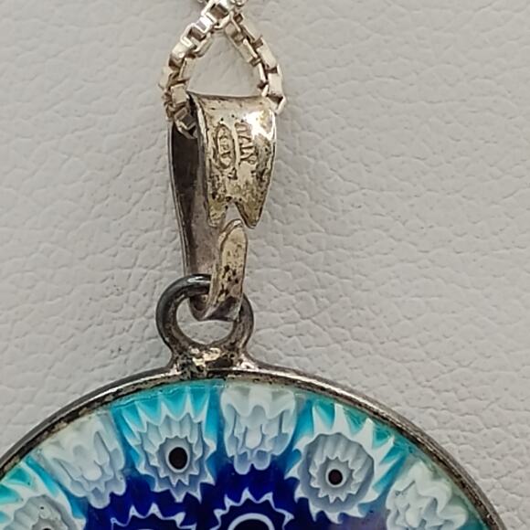 Italian Millefiori Glass Pendant in Sterling Silver on a 20-inch Box Chain - Picture 3 of 5